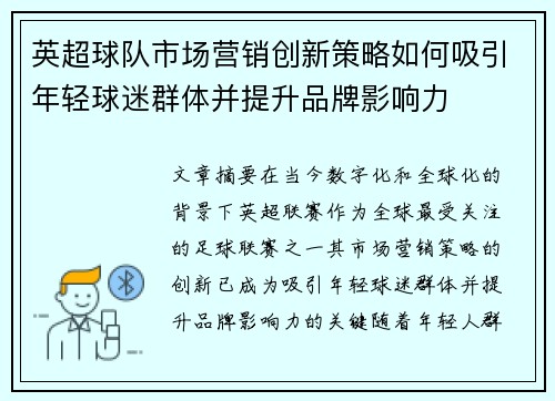 英超球队市场营销创新策略如何吸引年轻球迷群体并提升品牌影响力