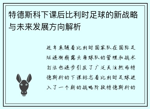 特德斯科下课后比利时足球的新战略与未来发展方向解析